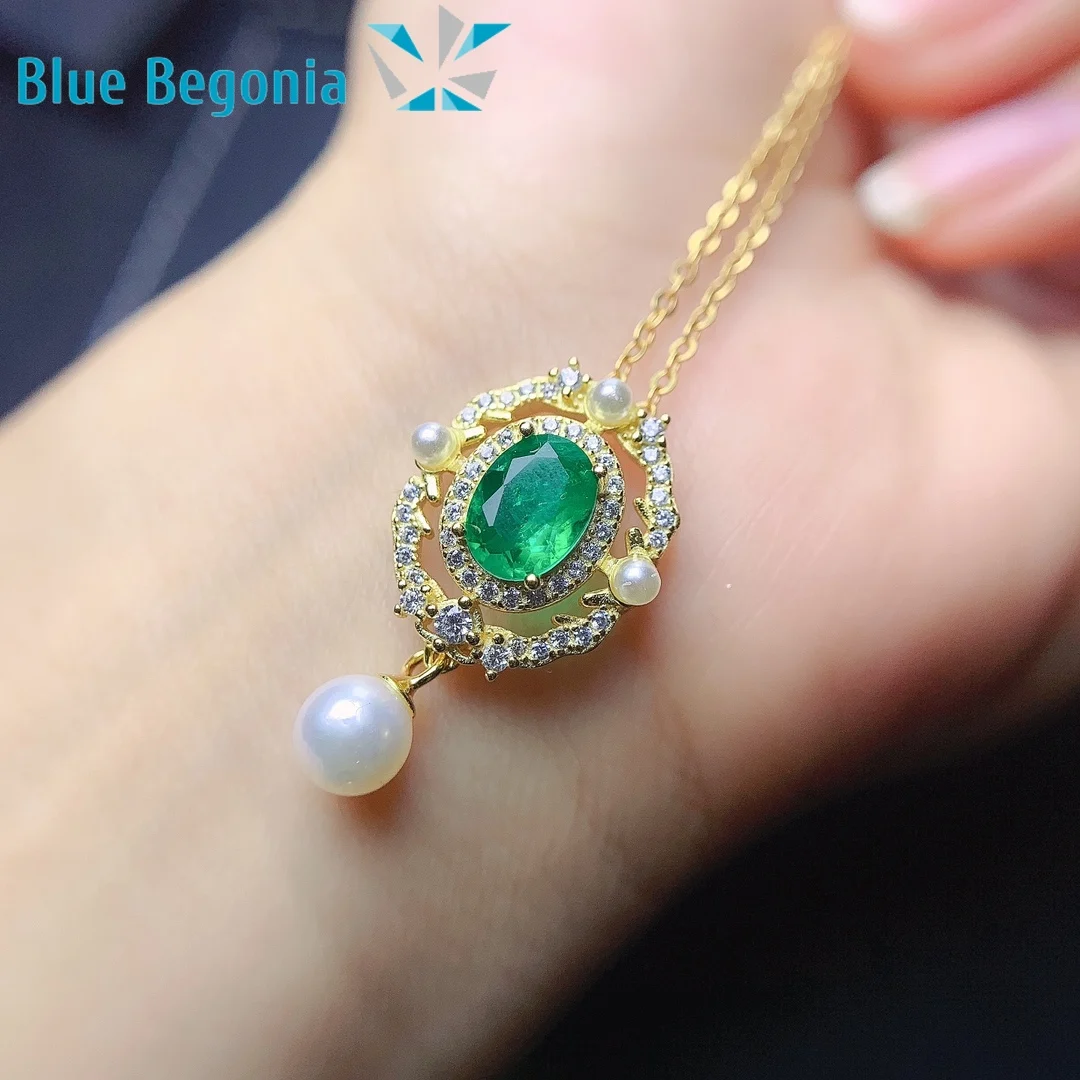 

Natural Columbia Emerald Pendant Anniversary Gift 6*8MM Genuine Gemstone Necklace Jewelry for Women 925 Sterling Silver