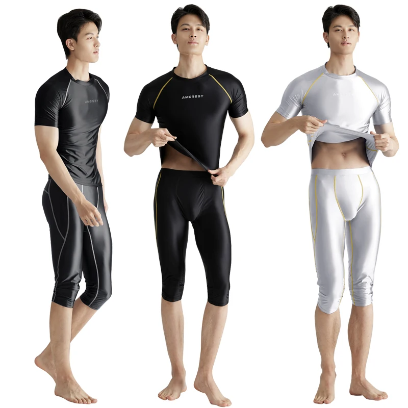 New men silky shiny sexy vest and tights oily luster fitness vest casual shorts swimming Yoga glossy Pants men's swimwear
