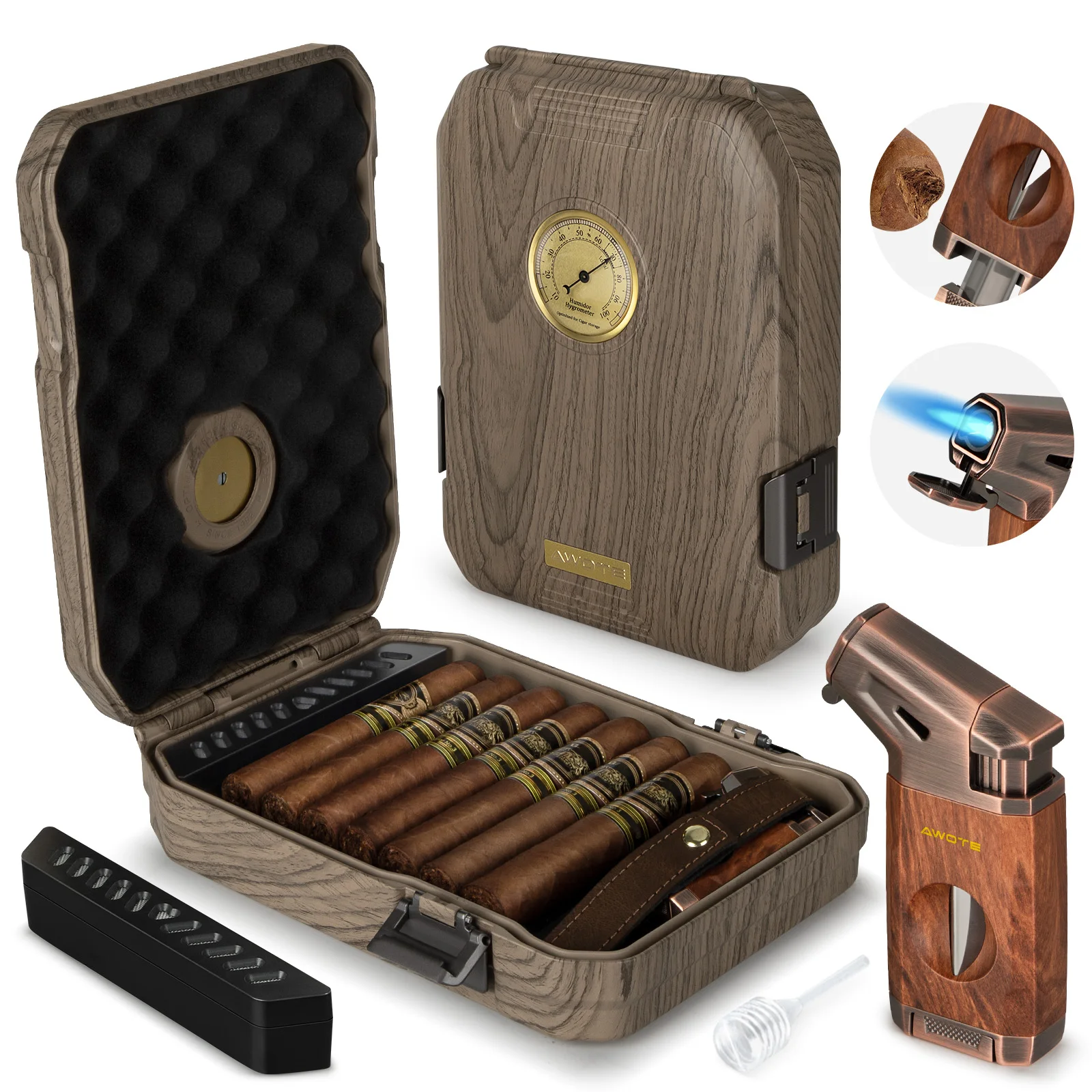Cigar humidor travel humidor with lighter cedar wood V cut cigar cutter portable with humidifier&hygrometer