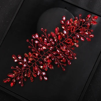 Trendy Rhinestone Bridal Headband Women Handmade Crystal Headpiece Bride Red Wedding Hair Accessories Girl Party Tiara Ornaments