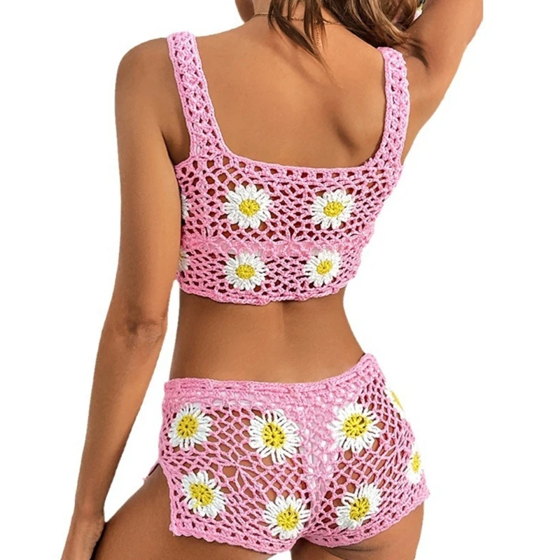 Women Crochet Bathing Suit Set 2 Pieces Swimsuit Fashion Slings Top and Shorts Flower Swimwear Cover Up for Beachwear