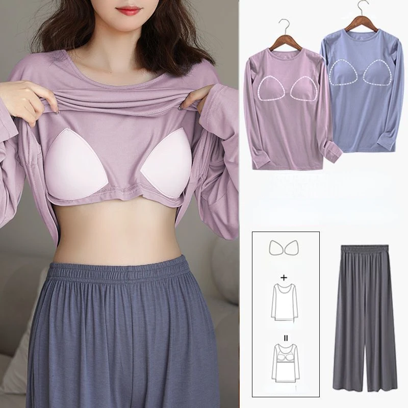 Cotton Sleepwear Women with Chest Pads Pajama Sets Spring Autumn Long Sleeve Pants Summer Pajamas Loungewear Set Loose Korean