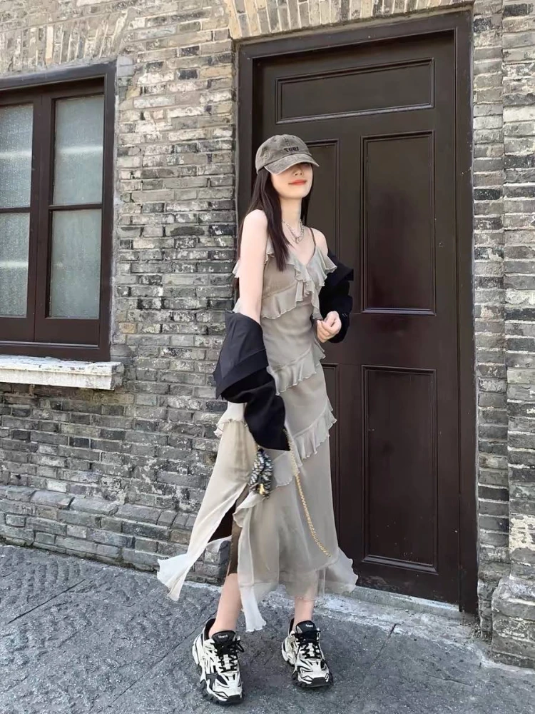 

Deeptown Korean Style Grey Midi Dress Women Y2k Aesthetic Ruffles Sleeveless Corset Resort Dresses Cute Casual Summer Vestidos