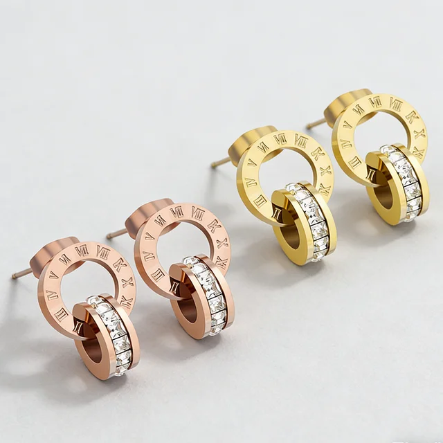 Boucles d'oreilles pendantes créatives et tendance en acier inoxydable avec chiffres romains et zircons, double anneaux croisés, pour femme, bijou de mariée, cadeau