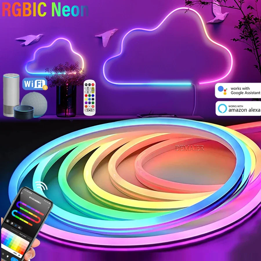 

Tuya WiFi LED Neon Strip light GBIC LED Neon Strip Lights 12V Dream Color Rainbow RGB Flexible Lamp Tape APP WiFi/Bluetooth Alex