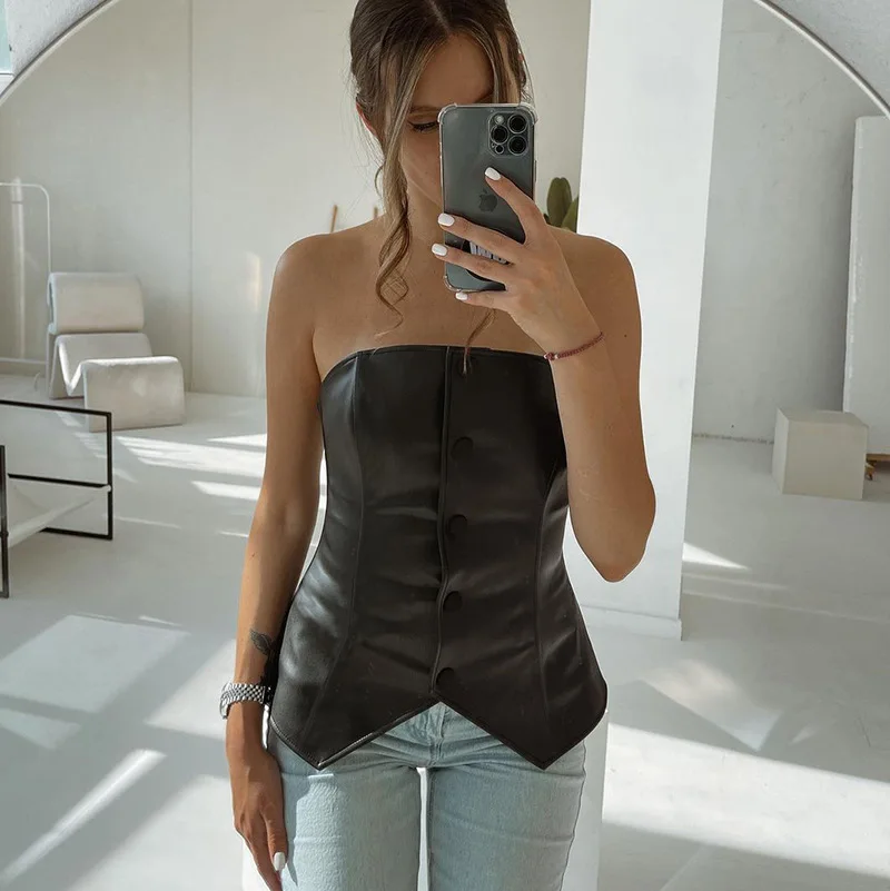 

Pu Fake Leather Women Tube Tanks Buttons Patchwork Skinny Y2k Black Crop Top Sexy Streetwear Party Club Autumn Winter Tops
