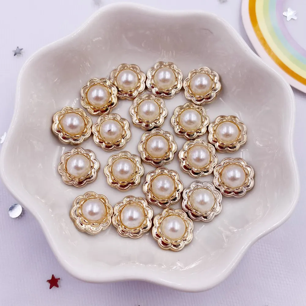 

30pcs Golden Color Acrylic Flower Round Pearl Flatback Rhinestone Figurines Applique DIY Scrapbook Ornament Craft Accessorie V02