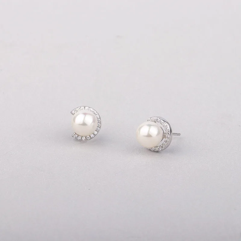 925 Sterling Silver Freshwater Pearl Girl C-shaped Diamond Set Commuting Versatile Student Earrings