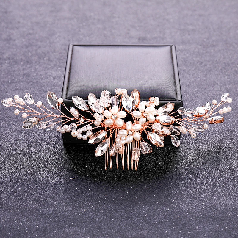 Rose Gold Crystal Pearl Flower Hair Comb