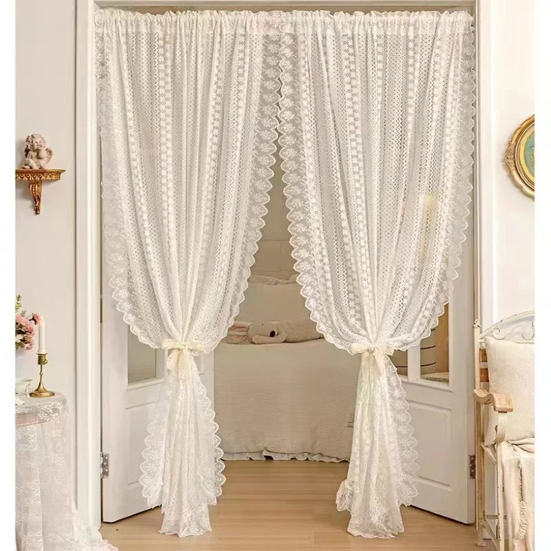 French Romantic White Star Floral Pattern Ruffles Sheer Lacework Curtains for Living Room Tulle for Windows Drapes Door Luxury