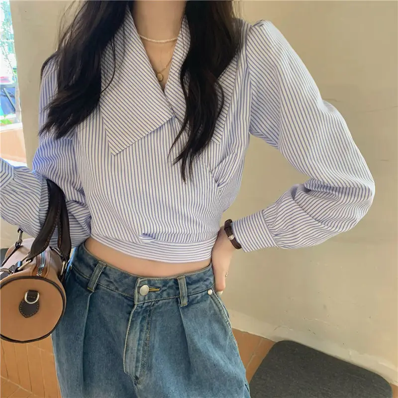 

Crops Bandage Blouses Women Vintage Striped Fashion Harajuku High Street Long Sleeve Casual Spring Aesthetic Temperament Blusas