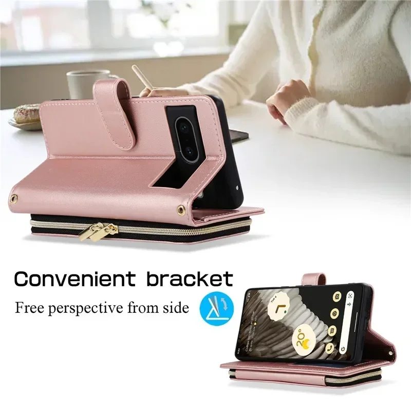 Long Lanyard Zipper Leather Wallet Card Phone Case for Google Pixel 8 Pro 7A 7 6A 6 Pixel8 Pixel7A Pixel6A Wrist Rope Flip Cover