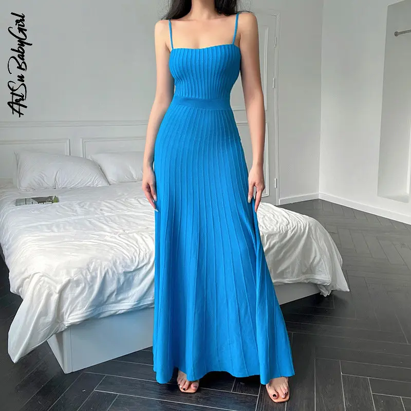 

Women Long Dresses Sleeveless Pleated Dress Streetwear Outfits Solid Color Knitted Club Party Slim Summer Dresses for Women 2023