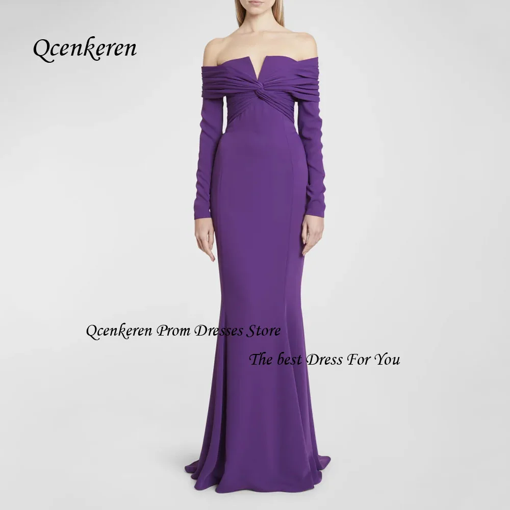 

Qcenkern Purple Off the Shoulder Prom Gown Crepe Mermaid Formal Evening Gown Floor-Length Long Sleeve Party Dubai Gorgeous Gowns