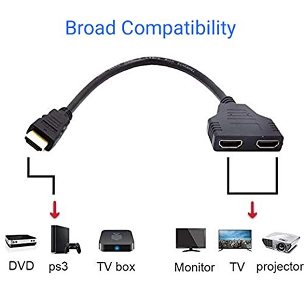 HD 1080P HDMI 분배기 듀얼 포트 1입력 2출력 케이블 (남성-여성) HDTV 어댑터 (노트북, TV 박스, 모니터용) HDMI 호환 분배기