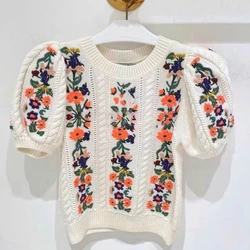 Spring Summer 2023 Street Wear Women O-Neck Embroidered Flowers Puff Sleeve Casual Clothes Knitted Sweater Top