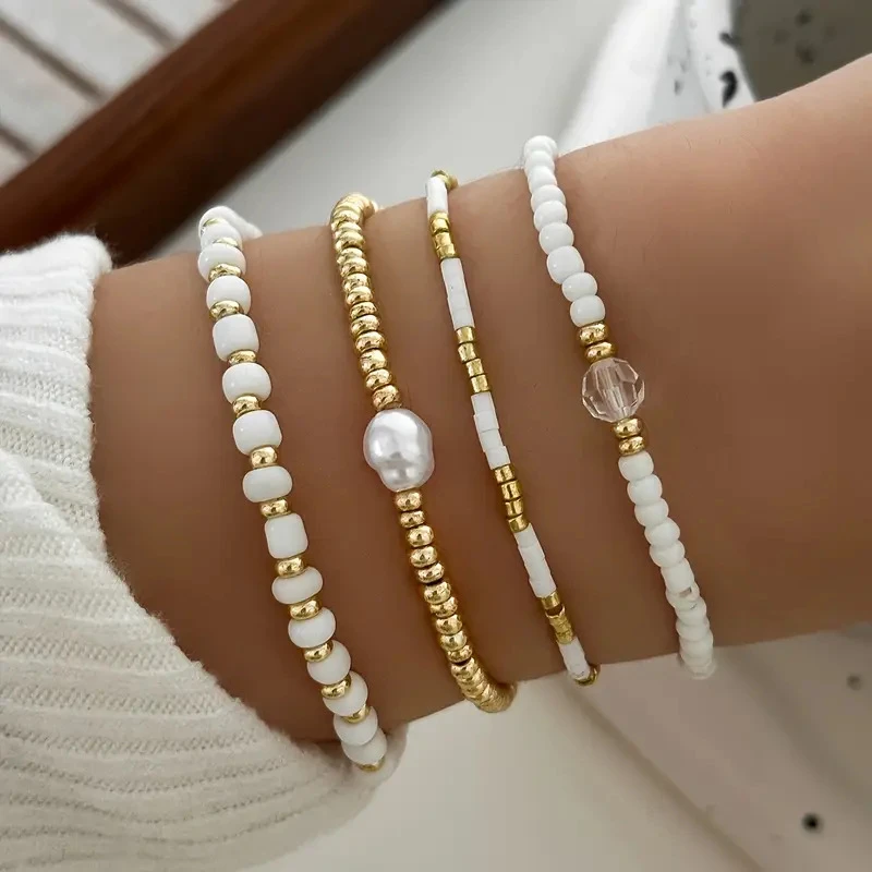 Fashion Handmade Multilayer Stacked Bracelets Set for Women Elegant Imitation Pearls Braided Beads Chain Bracelets Party Jewelry - 3