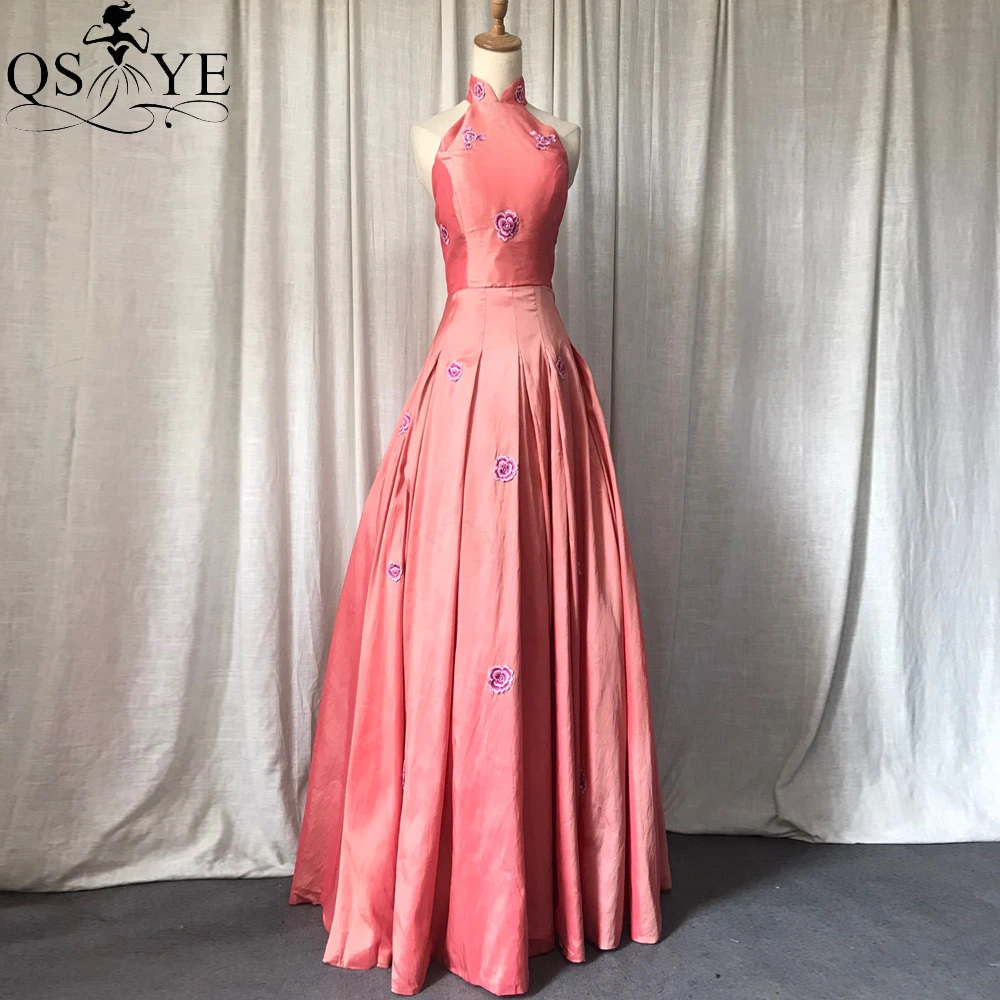 long prom dresses Puffy A line Pink Prom Dresses Embroidery Flower Peach Evening Gown High Neck Open Back Party Gown Box PleatVintage Taffeta Gown orange prom dresses