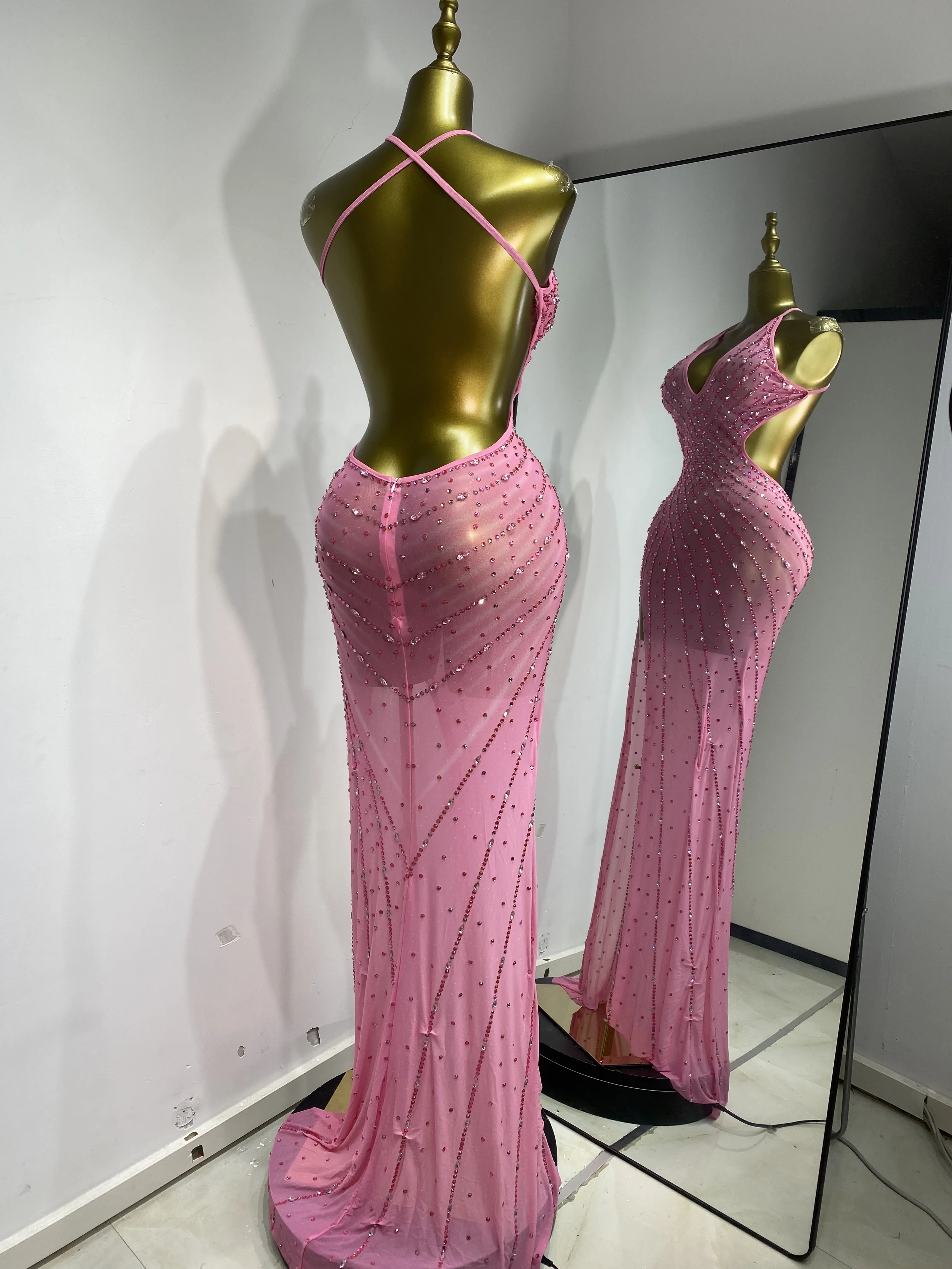 Women Luxury Pink Sparkly Rhinestones Mesh Party Dress Spaghetti Strap Maxi  Long Soft Comfortable Birthday Evening Gala Gowns - AliExpress 200000345