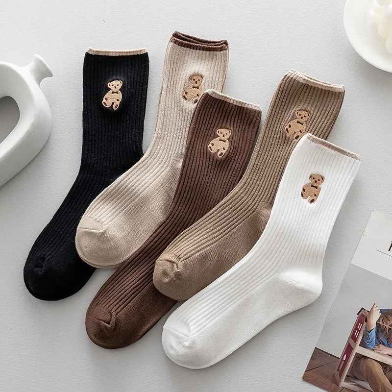 

Japanese Fashion Socks Cotton Breathable Socks Trend Cute Cartoon Bear Embroidery Casual Girls Women Sweet Socks High Quality