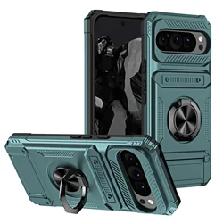 Enhanced Hot Armor Case with Rotating Magnetic Ring Stand and Built - in Card Slot - Military Grade Drop Protection - Google Pixel 9 Pro (Green)