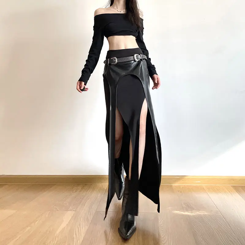 Long Skirts Irregular Split Bottom Goth Dark Pu Patchwork Grunge Punk Party Cyber Gothic Y2k Faux Midi Skirt Women Sexy