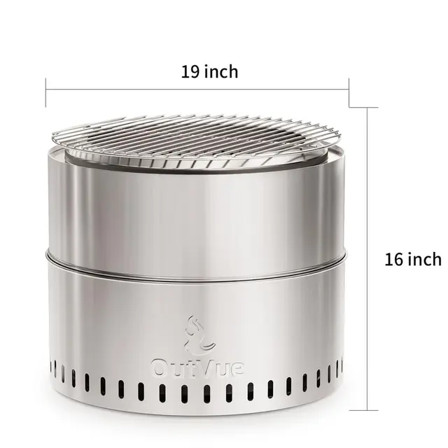 inch Stainless Steel Smokeless Fire Pit with Grill, Outdoor Smokeless Firepit, Wood Burning Fire Pits for Camping, Bonfire, Low 6