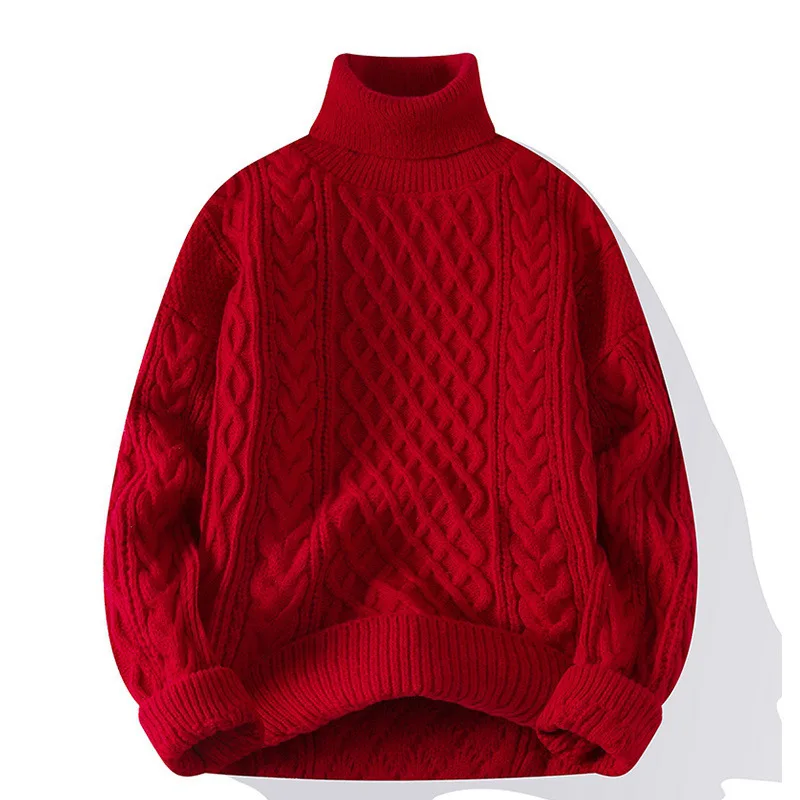Red High Collar Knitted Sweater Men's Christmas Twist Knitwear Autumn Winter Leisure Fashionable Youth Polyester Fiber
