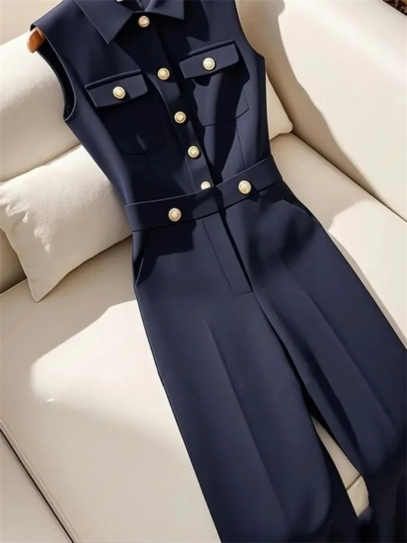 Ladies New Slackness Unique Jumpsuit Temperament Advanced Feeling Tibetan Blue Simple Leisure High Waist Spring And Autumn Bib