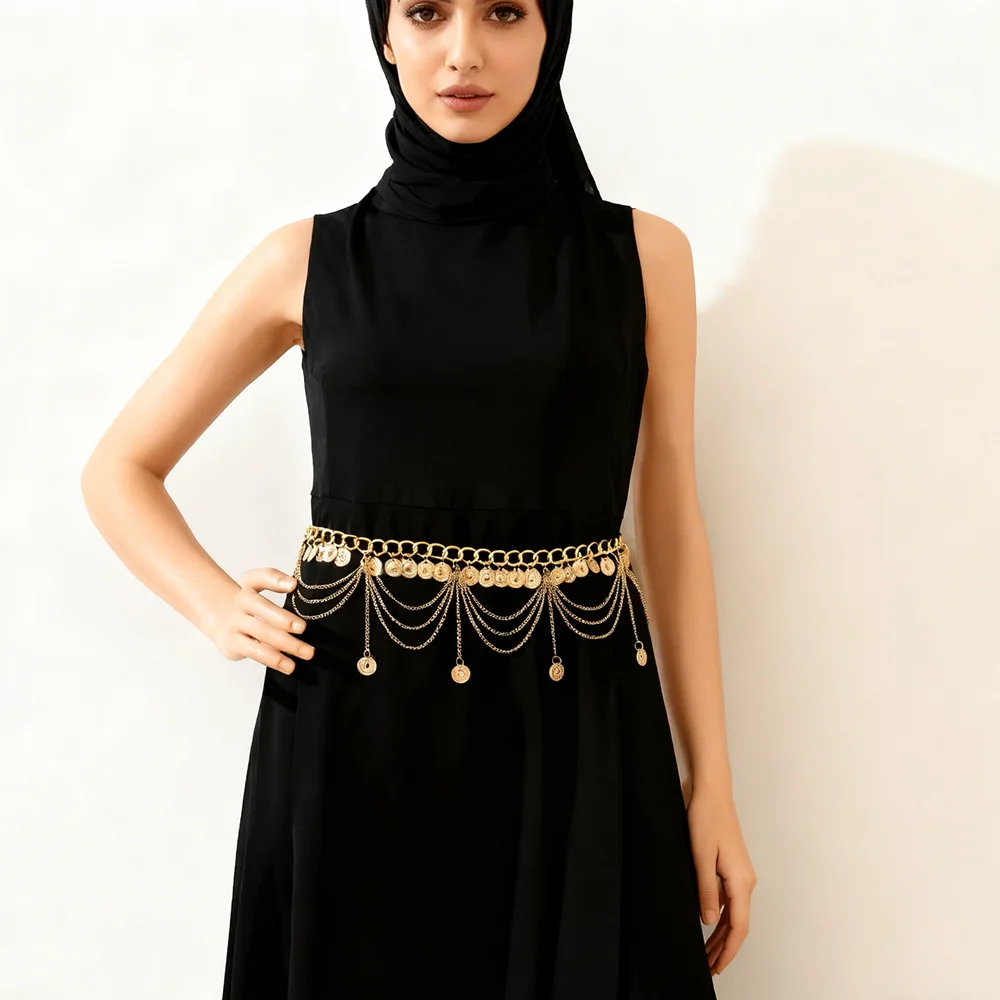 Neue Mode Bauchtanz Taille Kette Für Frauen Elegante Gold Farbe Münze Quaste Taille Halskette Rock Ketten Schmuck Gürtel – Detail 1