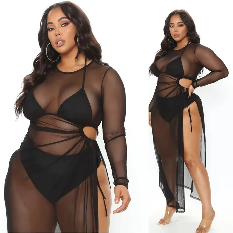 Wmstar Plus Size Women Clothing Dresses Sexy Hollow Out Mesh See Through Fashion Dress New Wholesale Dropshipping