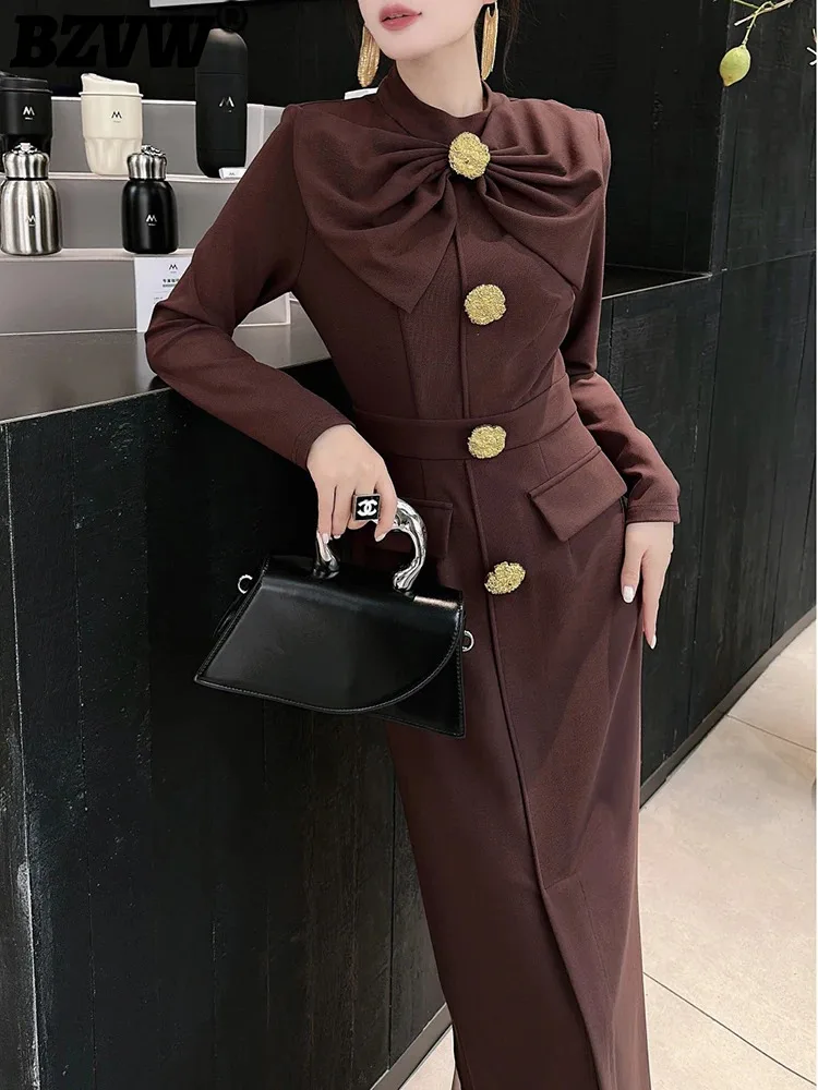 

BZVW 2023 Autumn New Waist Tightening And Slimming Bow Tie Dress For Women's Temperament Vintage Long Sleeve Dresses 25X3306