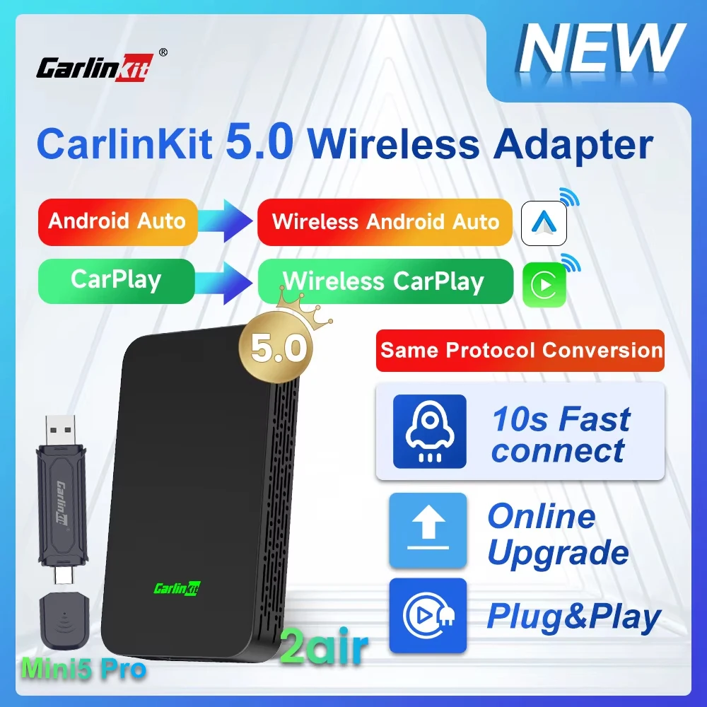 2air Mini5 Pro CarlinKit 5.0 sans fil CarPlay sans fil Android Auto Box 2.4G & 5.8Ghz WiFi BT Connect Plug & Play mise à niveau en ligne pour les voitures filaires Android auto Carplay  CarlinKit 4.0