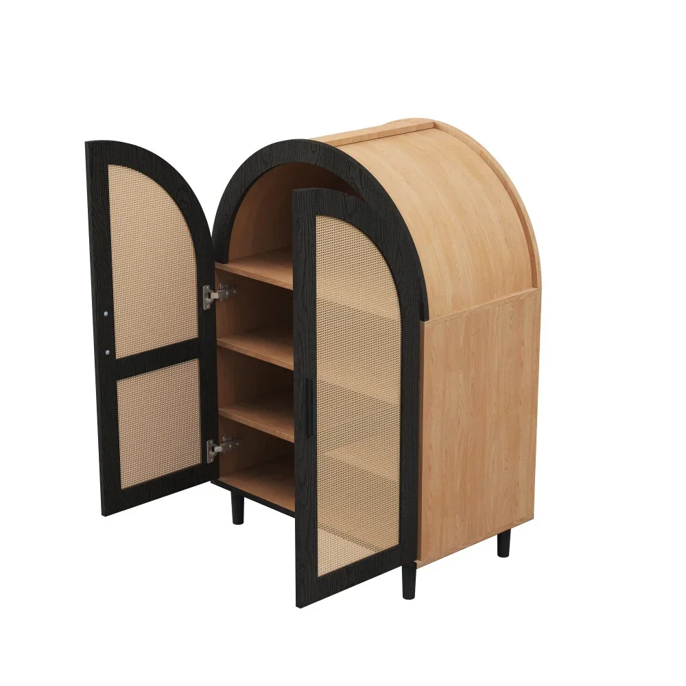 Modernes, elegantes Sideboard/Schuhschrank mit abgerundeten Außentüren, gebrochenen Rattantüren und drei Regalen, geeignet für das Wohnzimmer zu Hause – Detail 7