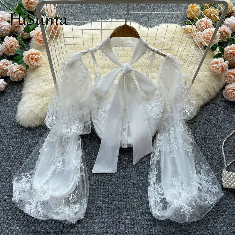 

2024 spring new female bow collar embroidery lantern sleeve gauze shirts women elegant sweet mesh blouses chic palace shirt