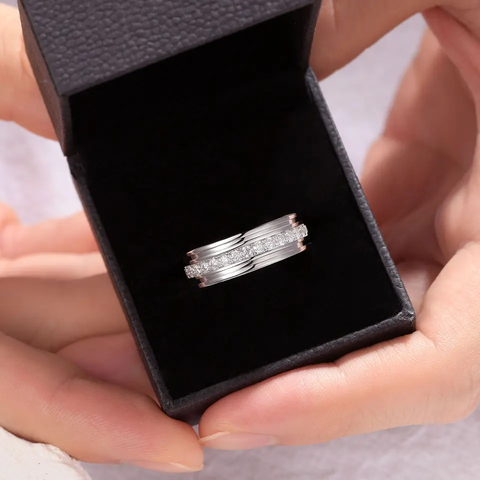 Moissanite Wedding Band for Men Sterling Silver Ring