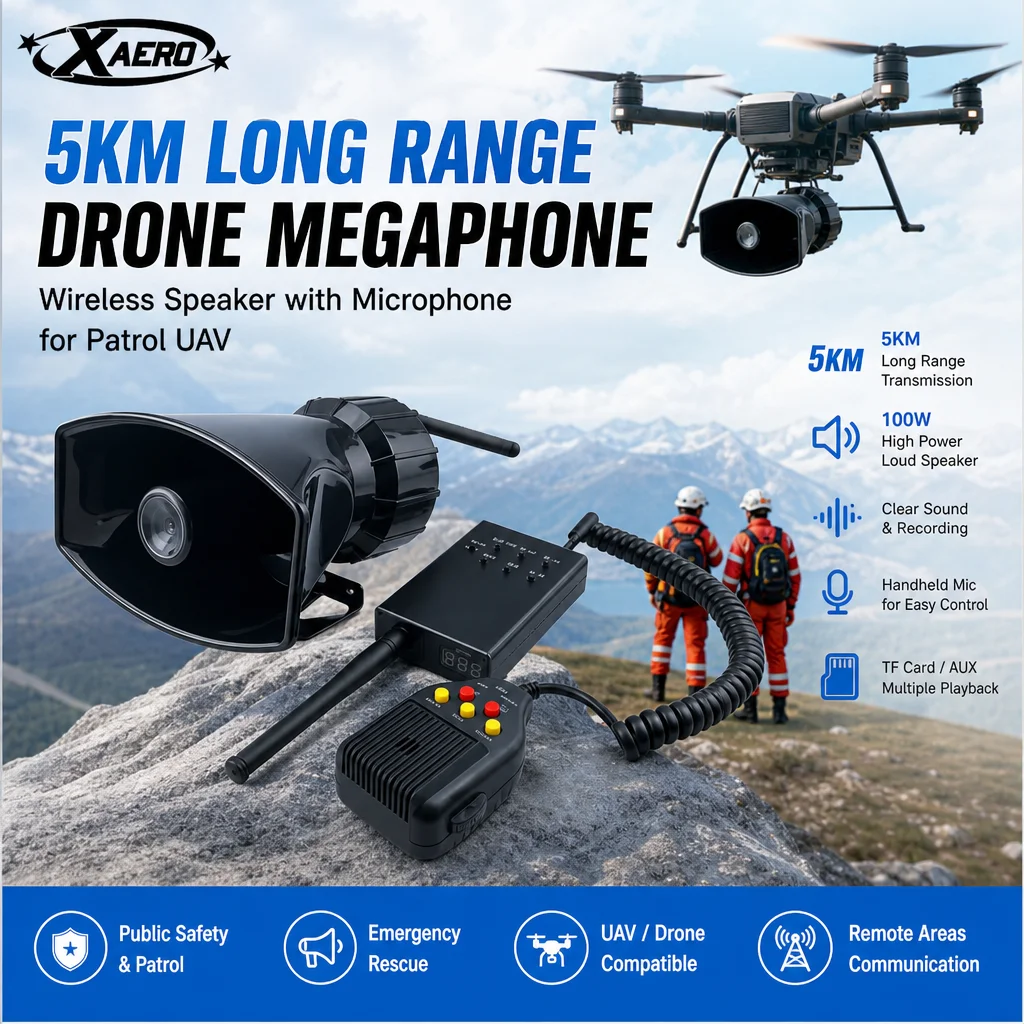 XAERO 5KM Drohnen-Megafon Kabelloser Lautsprecher mit Mikrofon TF AUX Aufnahme Sprachverstärker für Patrouillen-UAV