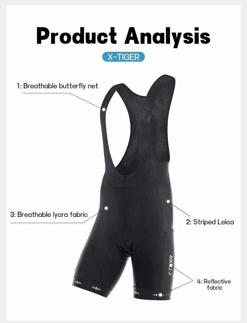 X-TIGER Radfahren Trägerhose mit Gesäßtasche Männer Outdoor 5D Gel Gepolsterte Reiten Trägerhose Fahrrad Herren Fahrradbekleidung MTB Kurz – Detail 3