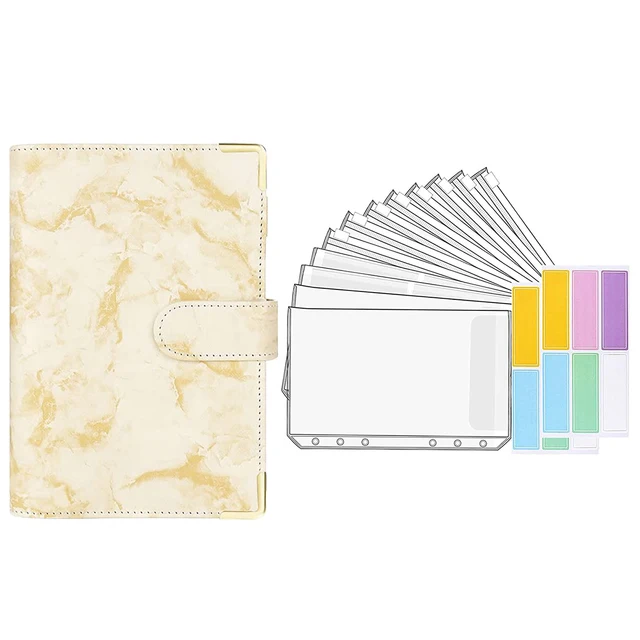 15 Pieces Binder Budget Planner Cash Envelope Binder with Budget Envelopes A6 Binder Pockets Cash Envelope Wallet for Budgeting Yellow Marble-14pcs