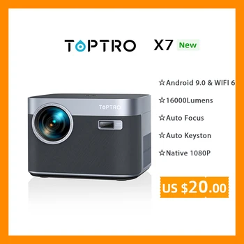 TOPTRO 블루투스 안드로이드 프로젝터, 자동 초점 키스톤 홈 시어터 프로젝터 X7, 4K 600ANSI 풀 HD, 1080P, 16000L, WiFi6