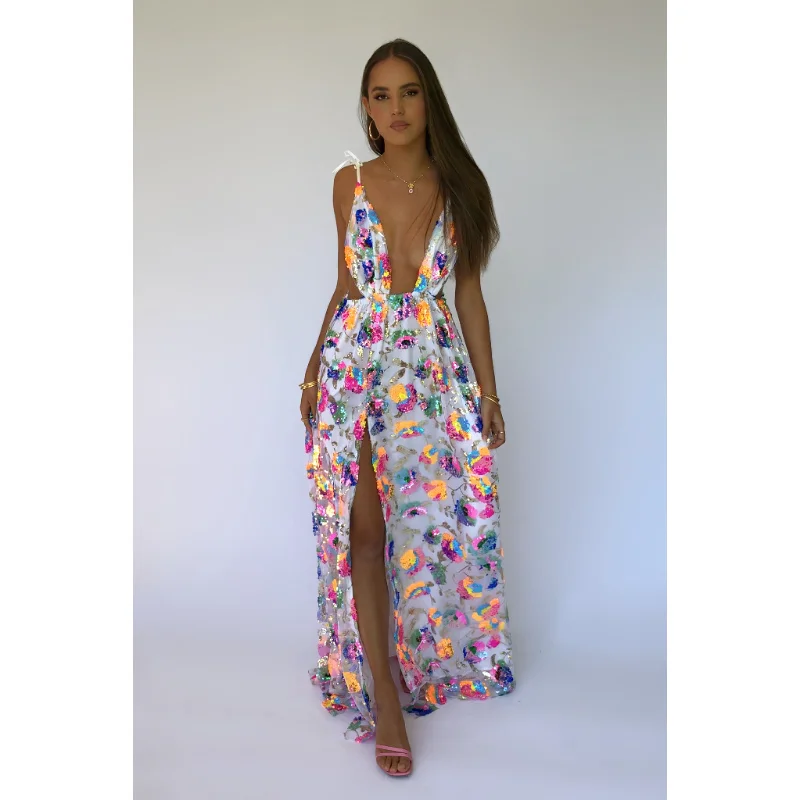 

Summer Women Dress Deep V Open Back Sequin Fragmented Flower Lace Up Sexy Split Long Dress