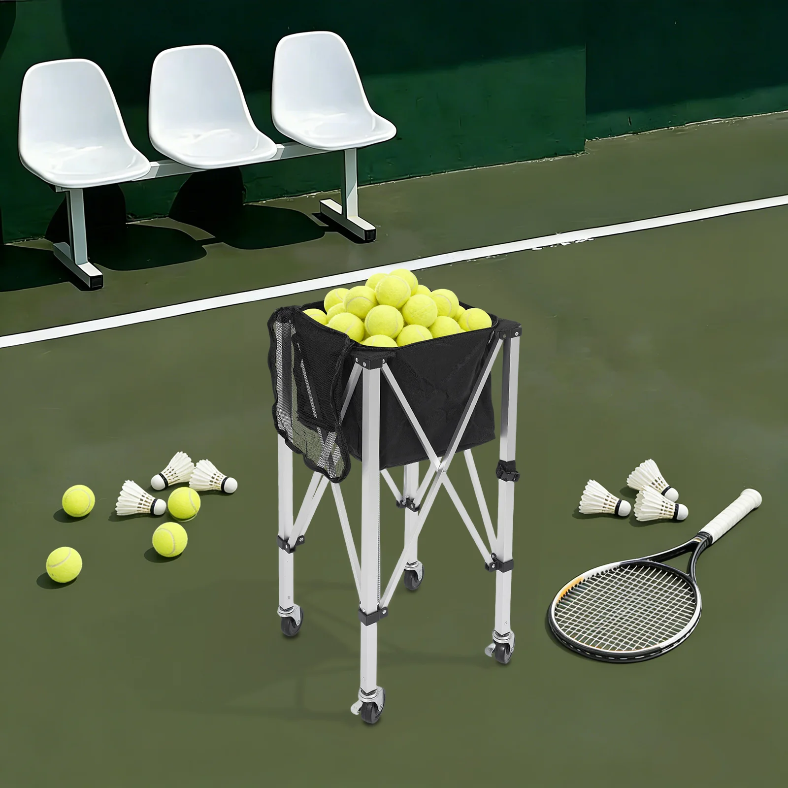 Tragbarer Tenniswagen, faltbarer Tennisballkorb, Tennisballträger, auf Rädern zum Aufbewahren von Badminton- und Baseballbällen – Detail 1