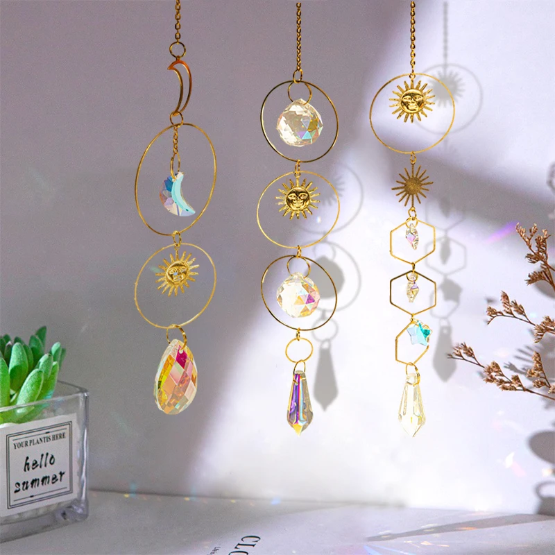 Hanging Crystal Pendant Moon Stars SunCatcher Rainbow Maker Window Drop for Home Outdoor Fairy Garden Decoration