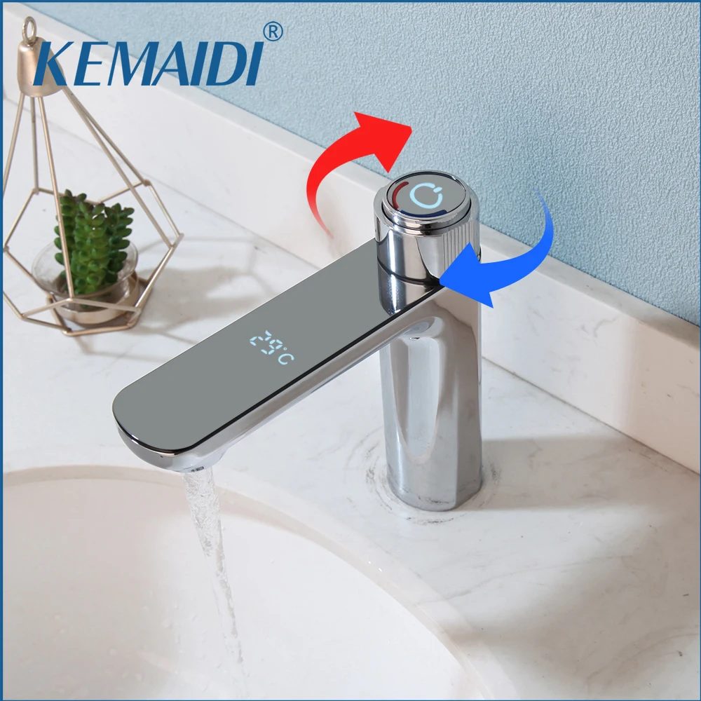 

KEMAIDI Bathroom Basin Sink Faucet with Digital Display Brass Taps Cold and Hot Water Mixer Chrome Finished Faucets Tap Black