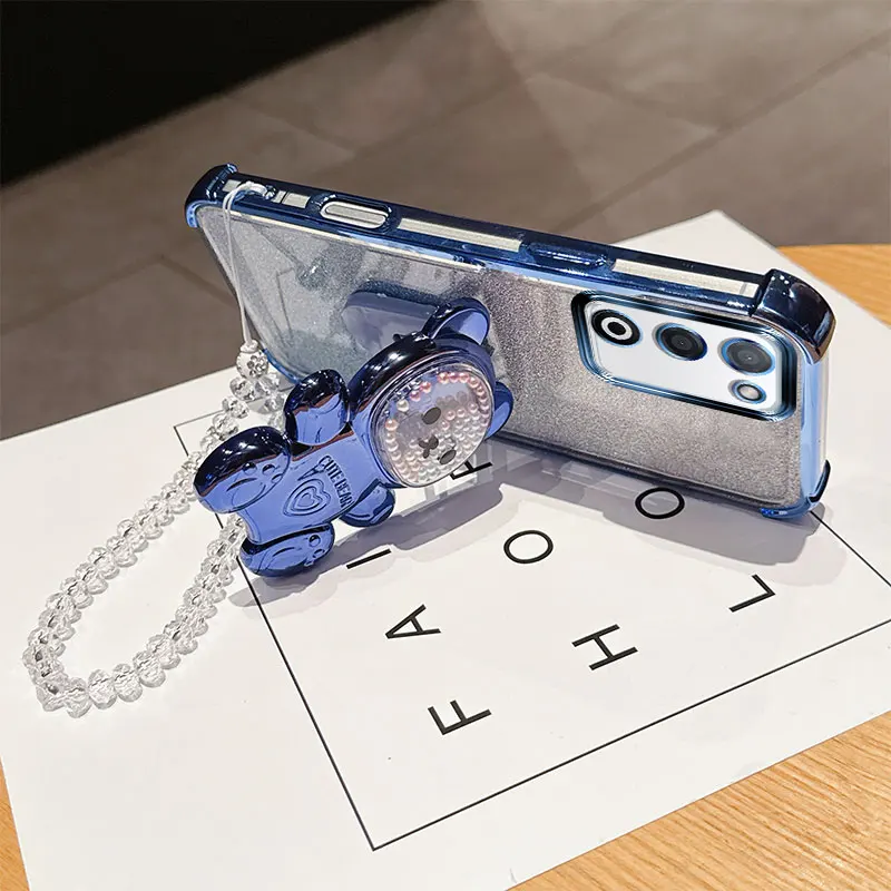 Shockproof Phone Case with 3D Bear Stand & Glitter Chain Lanyard