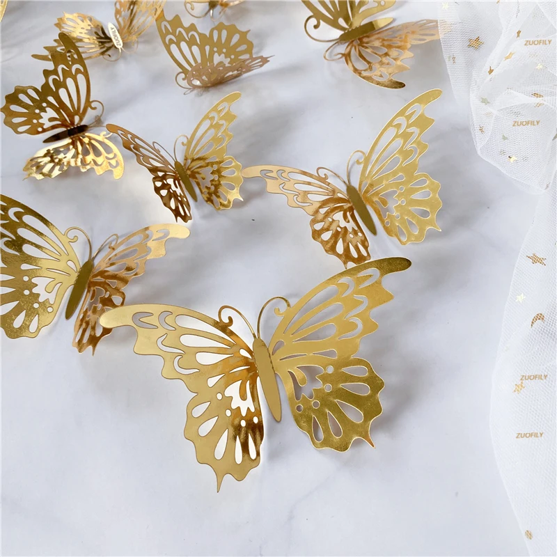 12Pcs/Set 3D Hollow Butterfly Wall Sticker Gold Silver Rose Wedding Decoration Living Room Home Decor Butterflies Decal Stickers 2