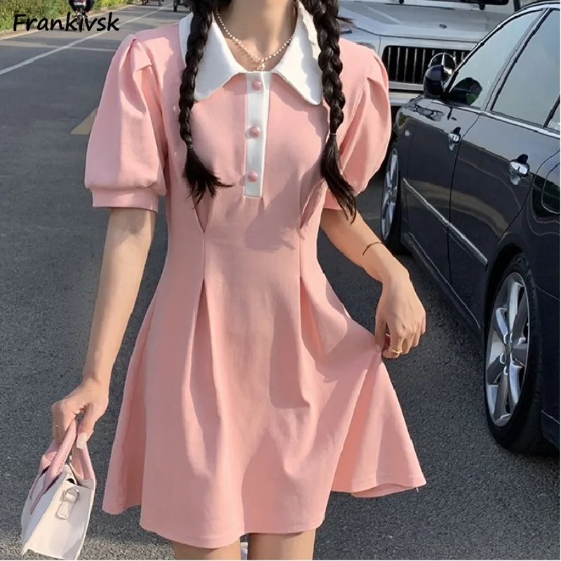

Preppy Style Dresses for Women Panelled Lovely Korean Summer Sweet Girls Puff Sleeve Button Streetwear Chic Peter Pan Collar Fit