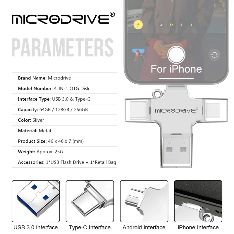 OTG 플래시 USB3.0, USB-C, 라이트닝 카드 리더, Miro Mini SD 카드, 카드 어댑터, iPhone, iPad용 리더기, 4 in 1