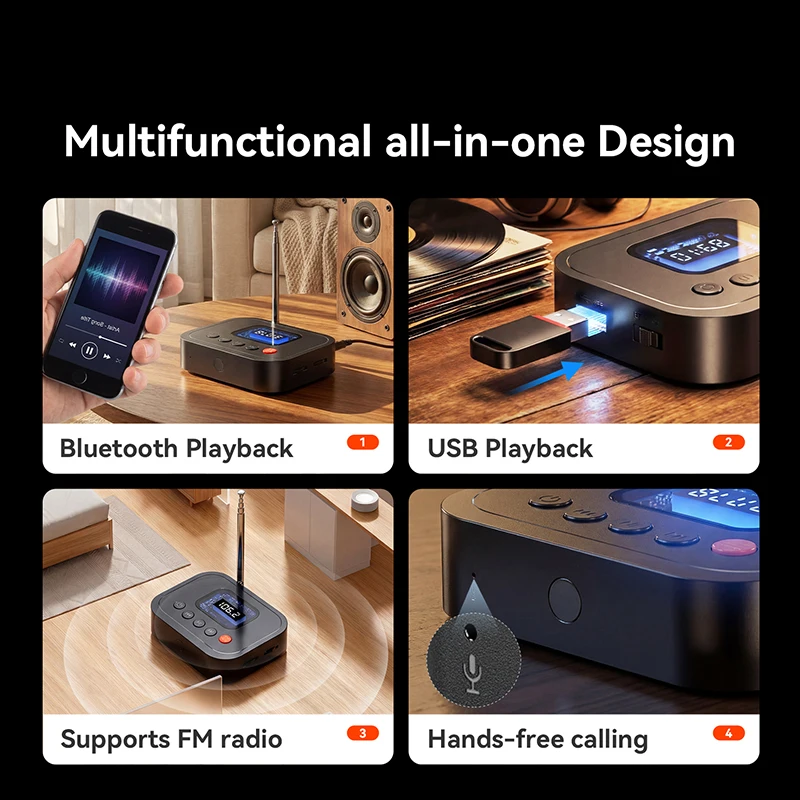 KEBIDUMEI 블루투스 6.0 오디오 리시버 FM 라디오 3.5mm AUX RCA USB U 디스크 음악 무선 어댑터 (리모컨 포함, TV/PC용)