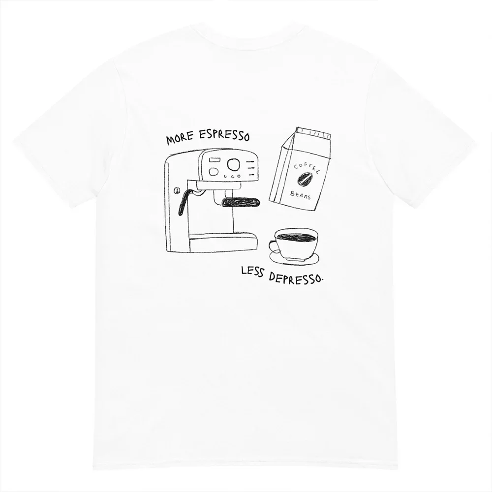 More Espresso Less Depresso Letter Print T-Shirt Aesthetic Coffee Lover Graphic Tees Unisex Short Sleeve Loose Cotton T Shirts 5